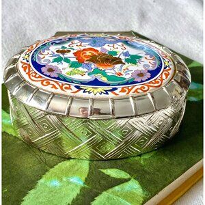 F.B. Rogers Vintage Silver Plated Jewelry Trinket Box Floral Inlay Mirror, Japan